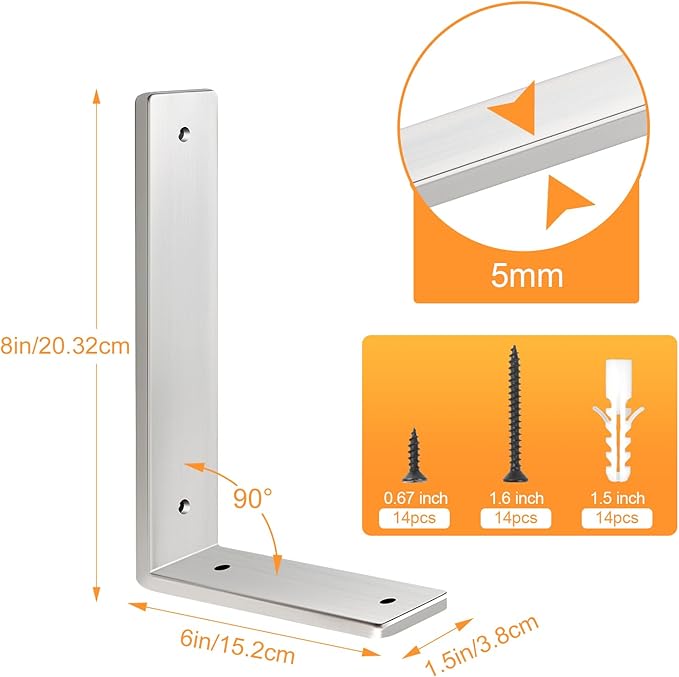 Floating Shelf Bracket Stainless Steel 8 Inch, 6 Pack Heavy Duty Shelf Brackets, Wall Shelf Bracket for DIY Decorative with Mounting Hardware