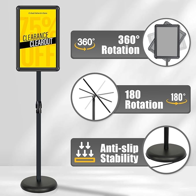 Sign Stand - Standing Sign Holder for 11x17 Inch, Pedestal Poster Sign Stand, Vertical and Horizontal View Displayed, Round Corner Sign Holder for Church School Parties Business Show, Black (2 Pack)