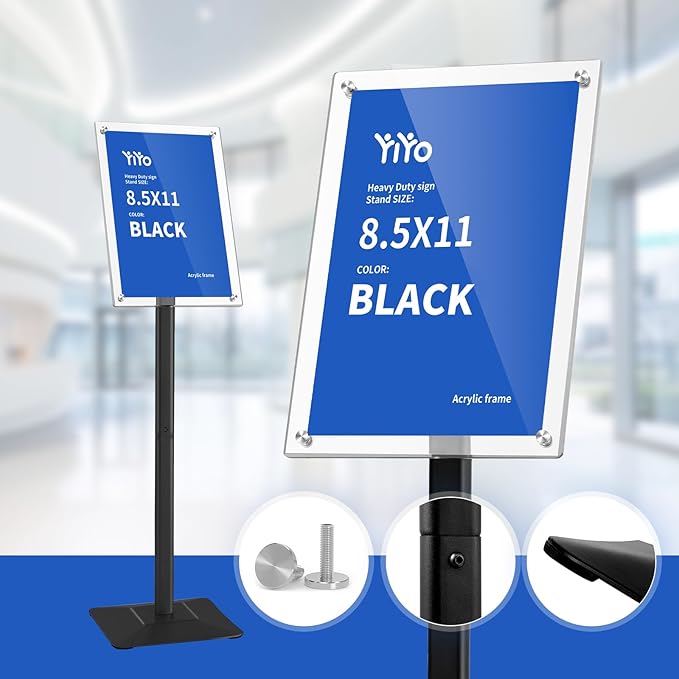 YIYO Sign Stand Poster Stand，adjustable heavy duty pedestal Sign Holder Floor Stand，acrylic frame floor signage standing for display menu 8.5*11 inch，Black (acrylic frame 8.5*11 Black)