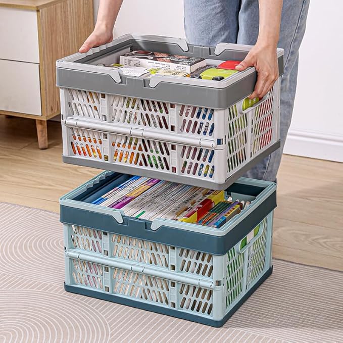 Domiella 2-Pack Foldable Storage Baskets, Collapsible PP Crates with Handles - 20L Capacity, Strong and Portable for Home Organization, Picnic and Shopping, Grey