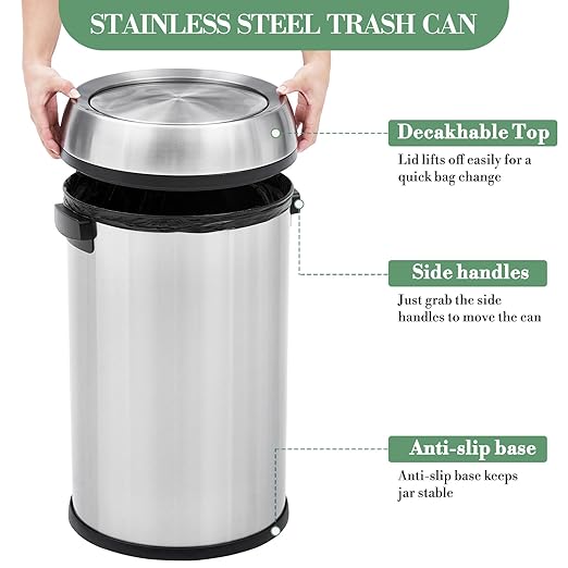 17 Gallon/65L Trash Can, Heavy Duty Stainless Steel Swing Top Trash Can, Fingerprint-Proof Round Kitchen Trash Bin with Swing Lid, Commercial Garbage Can for Restaurant, Home, Office(Silver)