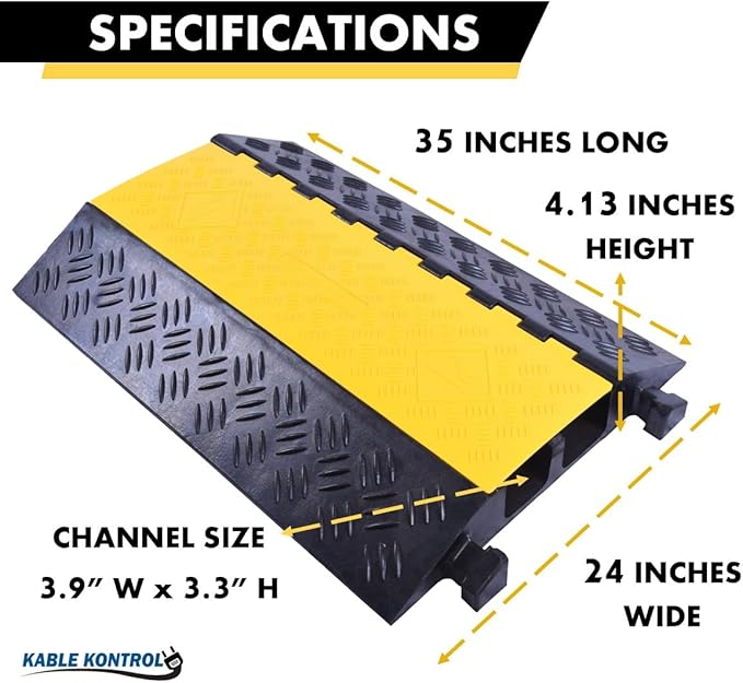 Kable Kontrol Atlas Heavy Duty Cable Protector Ramp - 2 Channel Bulk Wholesale Pallet - 10 Pcs - 35” Long Black & Yellow – 32000 Lbs Capacity - Rubber Speed Bump Wire Protector Cord Cover – CP9985