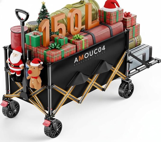 Wagon Cart Foldable, Collapsible Wagon with Expandable Storage, 150L Foldable Grocery Cart with 2 Cup Holders for Outdoor, Garden, Camping &Groceries