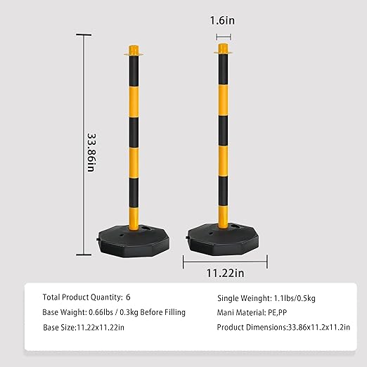 Adjustable Traffic Delineator Post Cones,6Pack 34 Inch,Traffic Safety Delineator Barrier with Fillable Base 6.6FT Chain, for Traffic Control Warning Parking Lot Construction Caution Roads,Yellow&Black