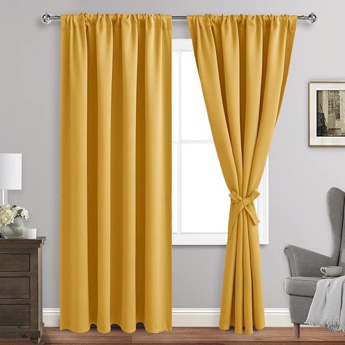 JIUZHEN Blackout Curtains for Bedroom - Thermal Insulated Room Darkening Rod Pocket Curtains for Living Room, Set of 2 Panels with Tiebacks, 52 x 96 Inch Length, Mustard Yellow