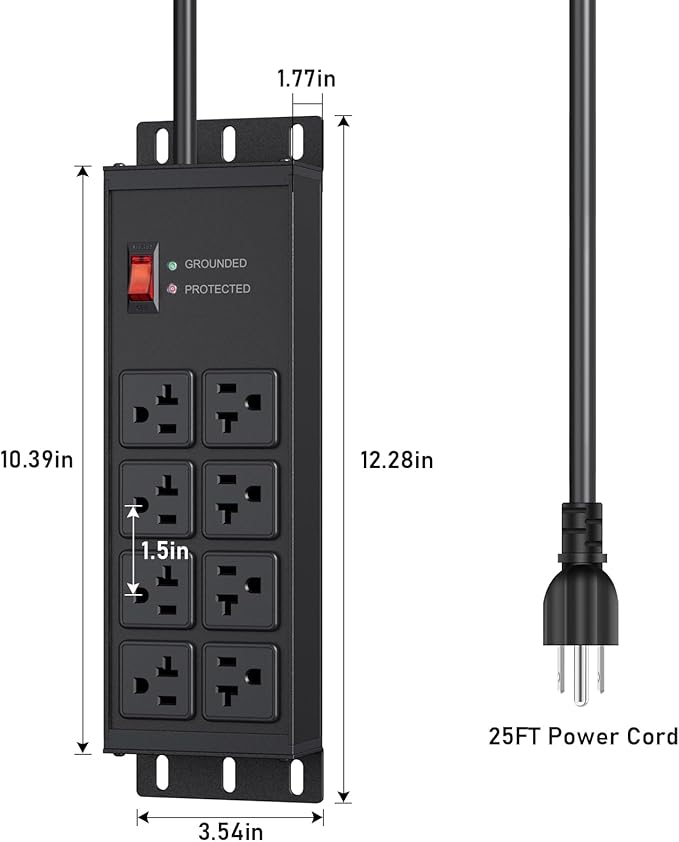 JUNNUJ Heavy Duty 20 Amp Surge Protector 4800J, Garage Metal 8 Outlets 12 Gauge, High Amp 5-15P Adapter Shop 6-20R T-Slot Industrial Outlet, 25 FT Extension Cord Commercial for Appliance