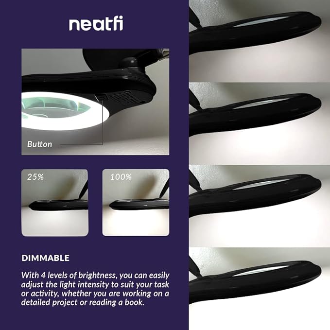 Neatfi 1,200 Lumens Super LED Magnifying Lamp with Clamp, Dimmable, Includes Microfiber Cleaning Cloth, 5 Inch Diameter Lens for Reading, Sewing, Crafting (Black, 5 Diopter)