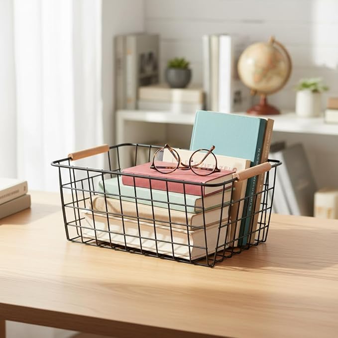 Metal Black Wire Basket,Food Storage Organizer with Wooden Handles, pantry organizers and storage for Kitchen shelf Cabinets potato onion, 2 Packs