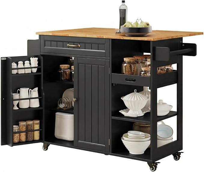 Gizoon Kitchen Island with Storage, Kitchen Island with Drop Leaf, 41.7’’W Rolling Dining Cart, Foldable Countertop, 5 Wheels, Refrigerator Door, Adjustable Shelves, Spice/Towel Rack, Black