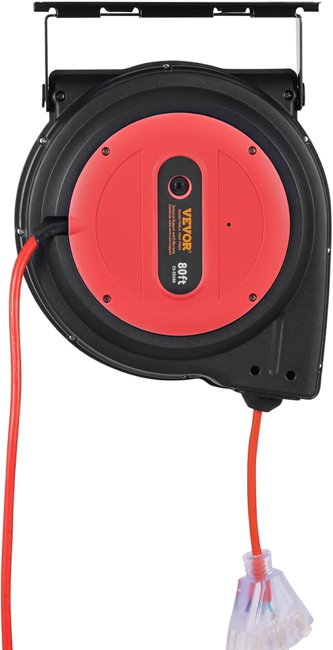 VEVOR 80FT Retractable Extension Cord Reel, 12AWG/3C SJTOW Heavy Duty Power Cord w/Lighted Electrical Triple Tap Outlets, 15A Circuit Breaker,180° Swivel Bracket for Workshop or Garage, Red