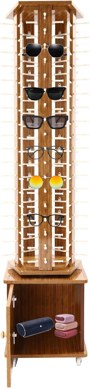 Sunglasses Display Stand, 90 Pairs Wooden 360° Rotating Sunglass Eyeglass Holder Organizer, Glasses Hanger Storage Rack for Retail Commercial Display, L16.9*W15.8*H66.1in, Dark Brown