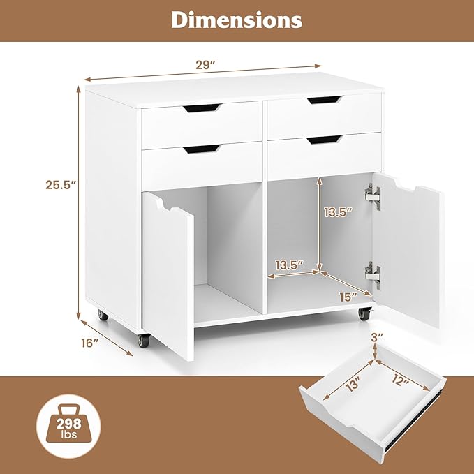 File Cabinet, White Filing Cabinet w/Universal Wheels, Wood Printer Stand w/4 Drawers & 2 Doors, Rolling File Cabinets for Home Office, Living Dining Room (White, 4 Drawers & 2 Doors)