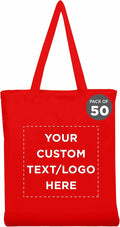 DISCOUNT PROMOS Custom Cotton Canvas Tote Bags Set of 50, Personalized Bulk Pack - Reusable, Great for Shopping, Grocery, Beach, Picnic, Wedding Favors - Red