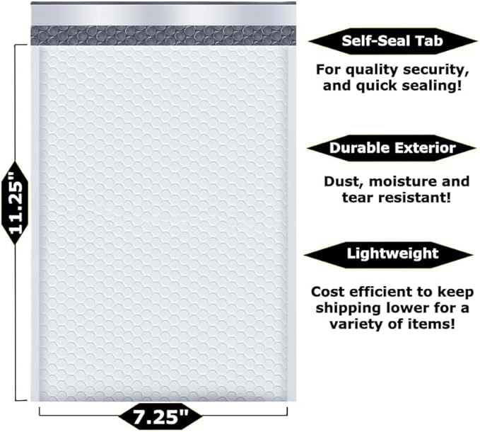 100-Pack 7.25x11.25" White Poly Bubble Mailers, Padded Shipping #1 Envelopes Self Seal Tear Resistant Lightweight Mailing Bags for Small Business, Books, DVDs, Gifts