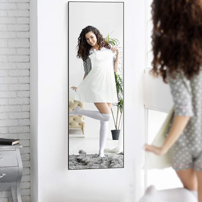 ANYHI Over The Door Mirror, 42"x14" Door Mirror Full Length, 2 Hooks, Over The Door or Wall Monuted, Aluminum Frame, for Bedroom Bathroom Checkroom, Black