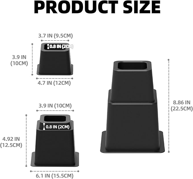 3, 5 or 8 inch Bed Risers Heavy Duty, Adjustable Furniture Risers for Bed, Sofa, Table, Chair, Support up to 1500 Lbs (Set of 6, Black)