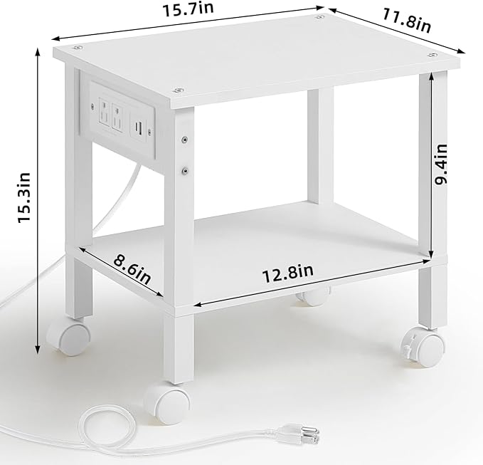 2 Tier Under Desk Printer Stand with Storage, Small Printer Table with Charging Station, Rolling Printer Cart Shelf with Lockable Wheels for Home, Office (White)