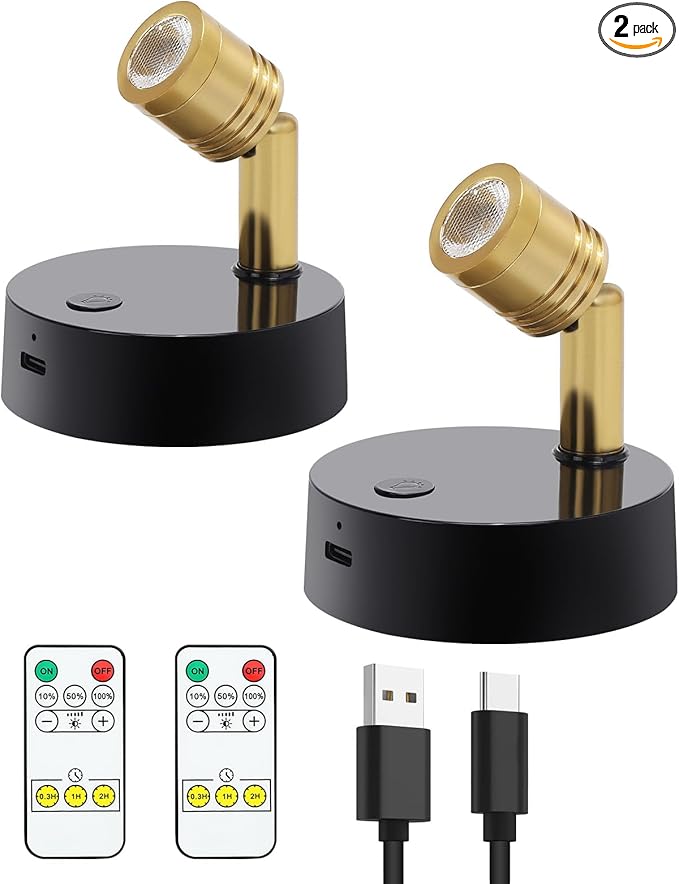 Wireless Rechargeable LED Spotlight Battery Powered Picture Lights Indoor Spot Lights Puck Lights with Remote for Wall Art Display Dartboard Painting Artwork Accent Closet (Gold-3000K)