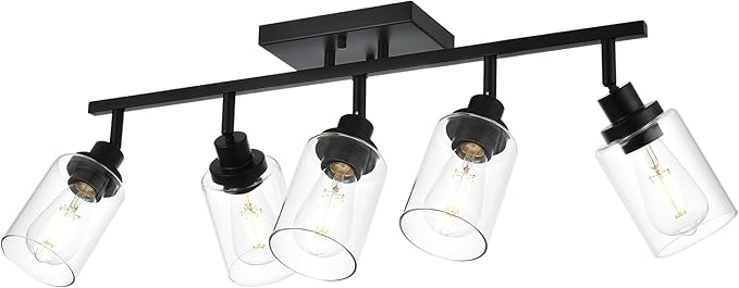 5-Light Track Lighting Kit Black Track Lighting Fixtures Bathroom Wall Sconces Ceiling Mount Kitchen Tracking Lights, Rotatable Spotlight with Clear Glass Shade for Kitchen Shop Hallway