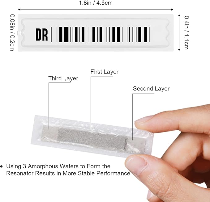 108 Pieces of 58 kHz Acousto-Magnetic (AM) Security Tag Labels, Compatible with 58 kHz EAS Systems. Features Simulated Barcodes