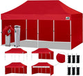 Eurmax USA 10'x20' Pop-up Canopy Tent Commercial Instant Canopies with 4 Removable Zipper End Side Walls and Roller Bag, Bonus 6 SandBags(Red)