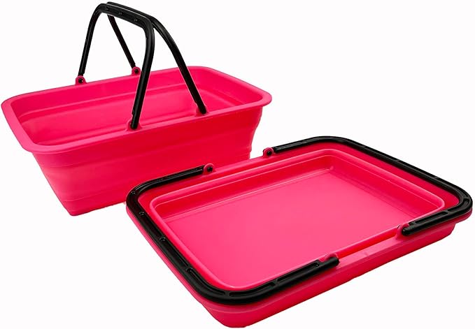 SAMMART Collapsible Basket with Handle 8L (2.1 Gallon)- Portable Outdoor Picnic Basket/Crate - Foldable Basin for Washing Dishes,Camping,Hiking (Rose Pink (Set of 2))