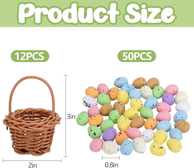 12 Pack Easter Mini Woven Handbasket with 50 Pcs Eggs,Tiny Decorative Picnic Baskets with Handle, Easter Miniature Basket Set for Home Office Decor Wedding Birthday Party Favors