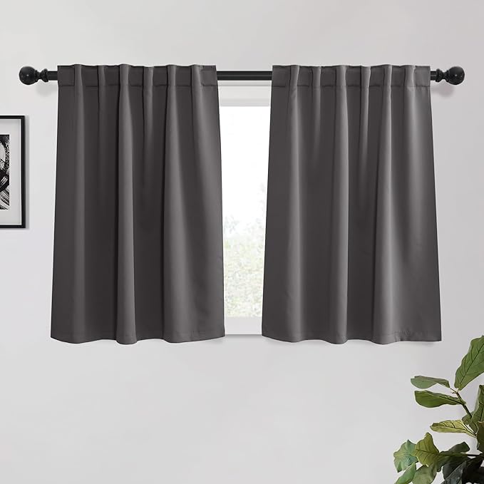 KGORGE Gray Short Blackout Curtains 45 inch Length, Privacy Thermal Insulated Curtains Noise Reducing Window Drapes for Living Room Kitchen, Back Tab Rod Pocket, W52 x L45 inches, Grey, 2 Panels