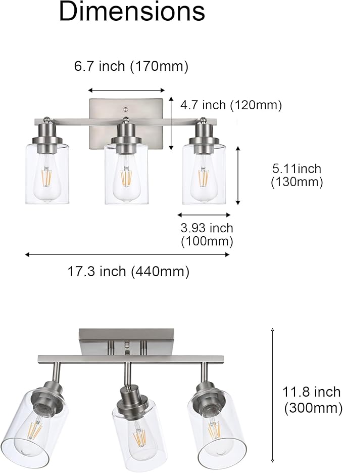 3 Light Track Lighting Kit Brushed Nickel Kitchen Track Lighting Fixtures Ceiling Mount Bathroom Vanity Wall Scones Light Fixture with Clear Glass, Rotatable Spotlight for Kitchen Shop Hallway