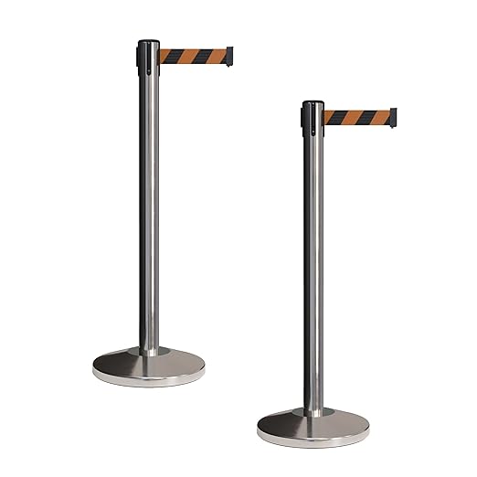 Crowd Control Warehouse CCW Set of 2 Retractable Belt Barriers Stanchion, Polished Stainless Steel Post, RBB-100 (11 Foot Belt, Black and Orange Diagonal Belt)