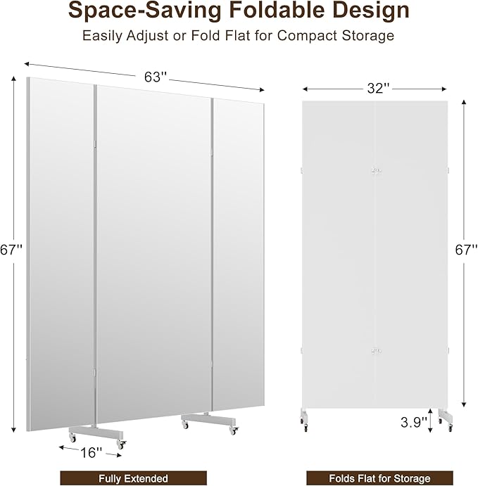 Full Length Stand Up Mirror on Wheels,63''×67'',Large Tri-Fold Floor Mirror with Stand,Movable 3-Way Full Length Standing Mirror for Gym, Dance Studio, Fitness Room, and Home (Silver)