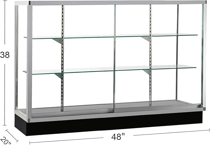 48”D * 20”W * 38”H - Freestanding Retail LED Full Vision Glass Display Case, Black Aluminum Frame, Two Adjustable Height Tempered Glass Shelves