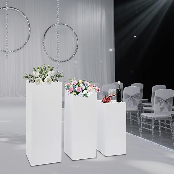 3PCS Metal White Display Pedestal Stand, Square Tall Pedestal Cake Stands Pillars, White Sculpture Display Stand Column Decoration for Wedding Parties Baby Shower Birthday