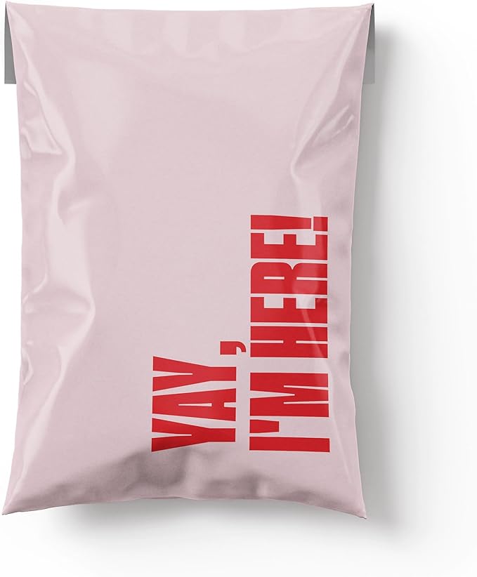 Poly Mailers 12x15 – 100 Pack – Cute Printed Recyclable Shipping Envelopes for Small Business Packaging, Self Sealing Mailing Bags – Yay I’m Here Pink/Red Design