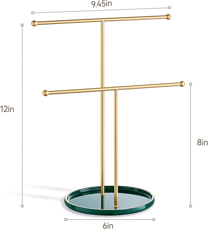 Gold Jewelry Holder Stand with Ceramic Tray: Small Hanging Necklace Organizer Tree for Earrings, Bracelets, Rings – Jewelry Display Hanger for Women & Girls, Green