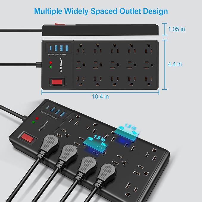 Surge Protector Power Strip 10 ft cord-15 Widely Spaced Outlets and 4 USB Ports(1 USB C Port),14 AWG Extension Cord,1875W/15A Heavy Duty Power Strip Surge Protector 10 ft Cord,2800J,Black