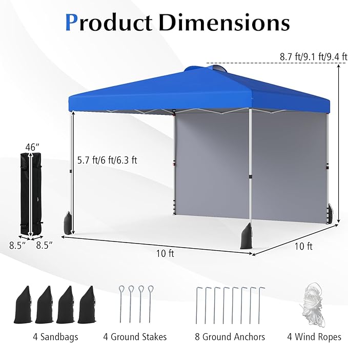 Tangkula 10x10 FT Pop up Canopy with Sidewall, Easy Setup Outdoor Tent with Wheeled Bag, 4 Sandbags, 4 Ropes, 4 Anchors, 8 Stakes, Vented Top, Portable Canopy Tent for Party Event Patio (Blue)