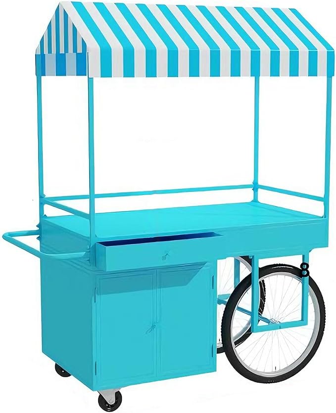 Food Cart for Business with Striped Canopy, Mobile Display Stand with Storage Drawers, for Street Food, Farmers Markets, Outdoor Events (Blue, 47.24 * 27.56 * 78.74in)