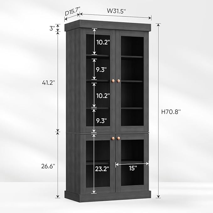 70.8" Bookshelf with Glass Doors, Farmhouse Modular Bookcase with 6-Tier Adjustable Shelves, Large Storage Cabinet for Living Room & Home Office, Black