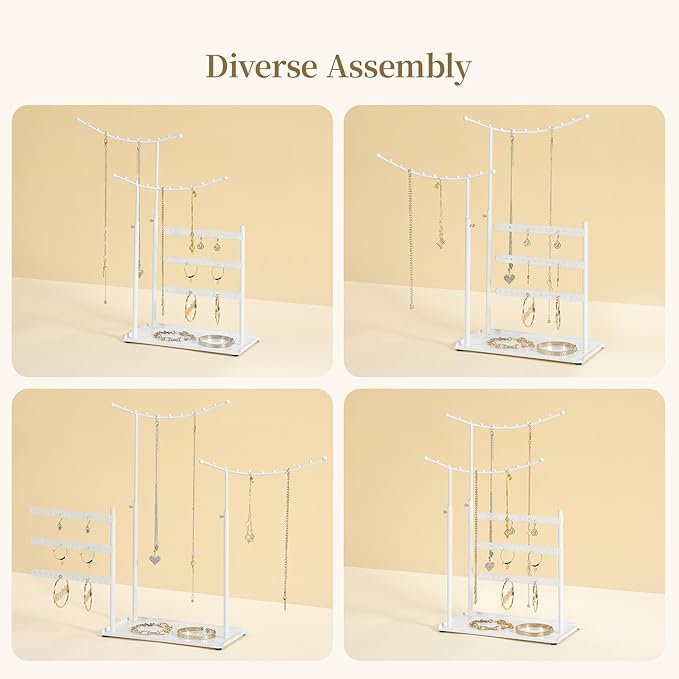 LAMU Jewelry Organizer, 5 Tier Jewelry Stand Display with Anti Entanglement Necklace Holder Tree, Height Adjustable Stroage for Earrings Rings Studs Bracelet, Christmas Gifts for Women Girls, White