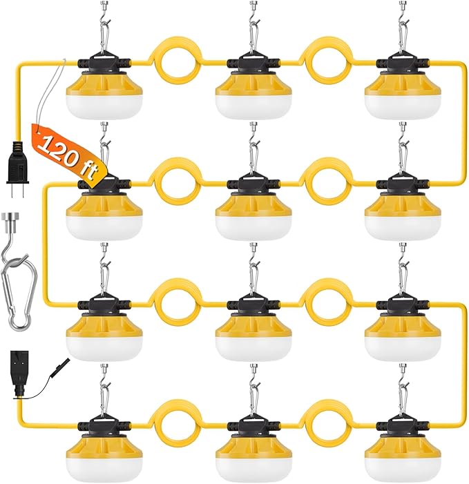 120FT LED Construction String Lights, 12 Bulbs Waterproof Linkable Industrial String Work Lights & Hooks, 5000K Daylight Temporary Lighting for Jobsite Attic Cralspace
