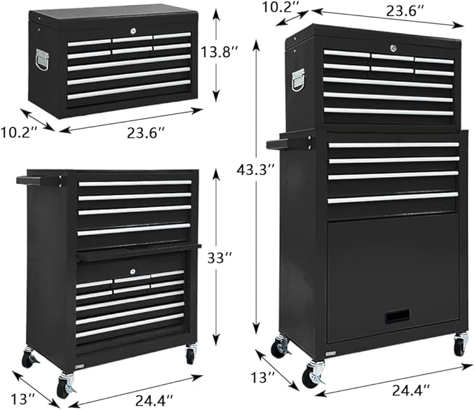 13-Drawer Rolling Tool Chest, 2-in-1 Heavy Duty Detachable Storage Cabinet with Lockable Wheels & Removable Top Box, 600 lbs Capacity for Mechanics, Garage Workshop (BLACK)