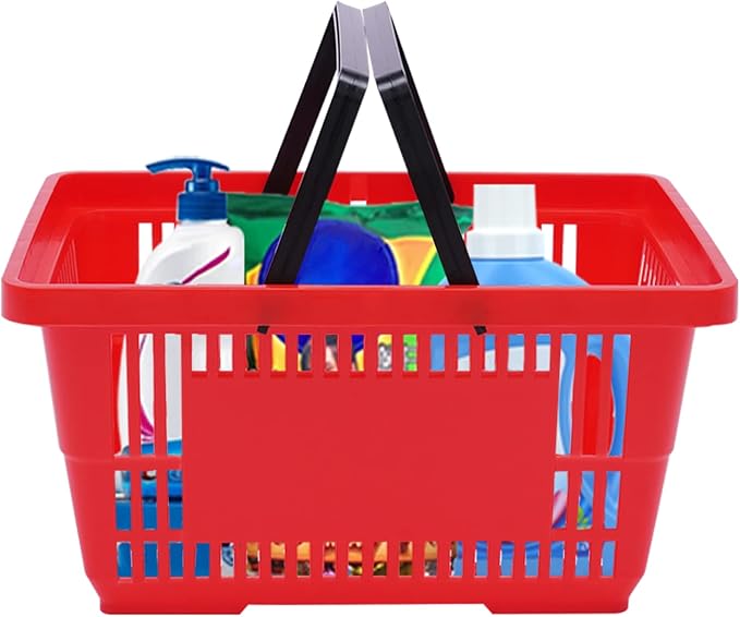 12PCS Red Plastic Shopping Baskets with Handles, Portable Retail Grocery Baskets with Handles, 21L Hand Shopping Baskets Set for Stores, Supermarket, Retail, Groceries Shopping Carrying