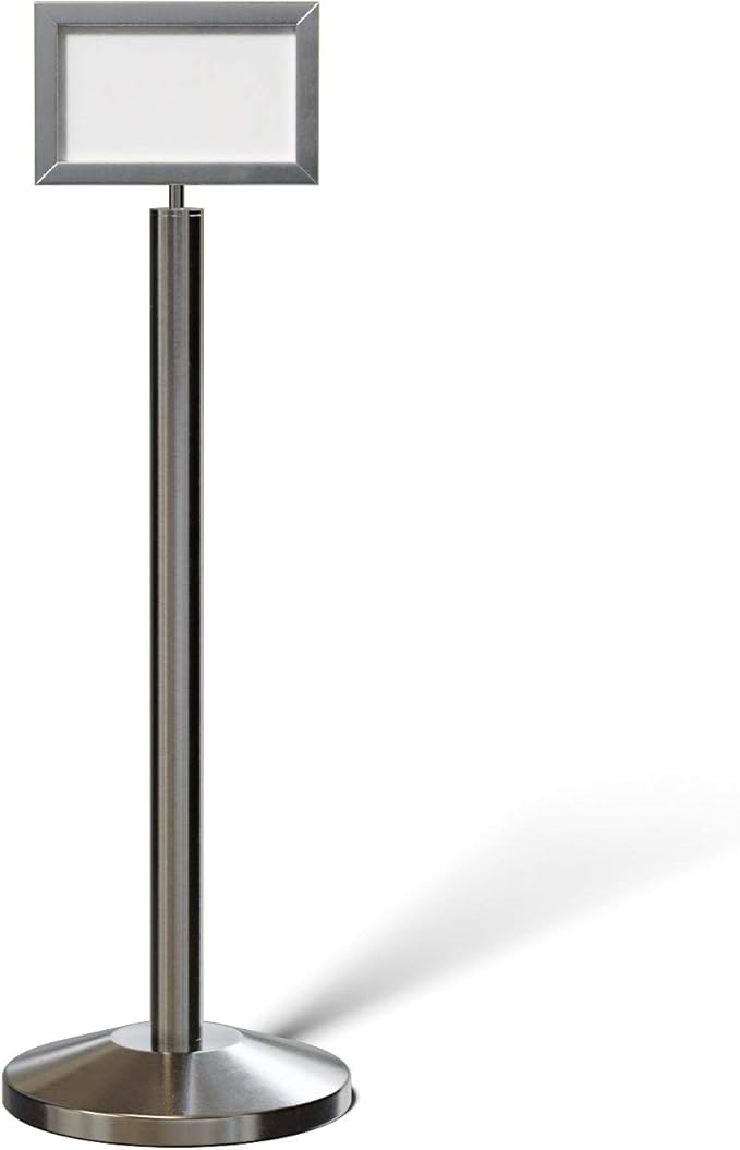 Crowd Control Warehouse Pedestal Standing Floor Sign Frame with Sloped Base, 7x11 Inch Horizontal, Satin Stainless Steel