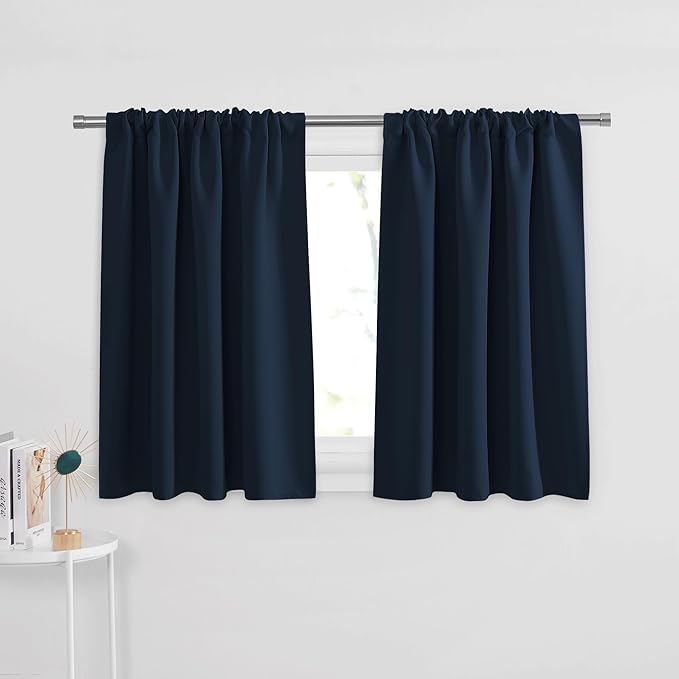 PONY DANCE Short Half Window Curtains for Kitchen, Privacy Energy Saving Curtain Tiers for Bathroom, Wide 29 x Long 36 inches per Panel, Navy Blue, Set of 2