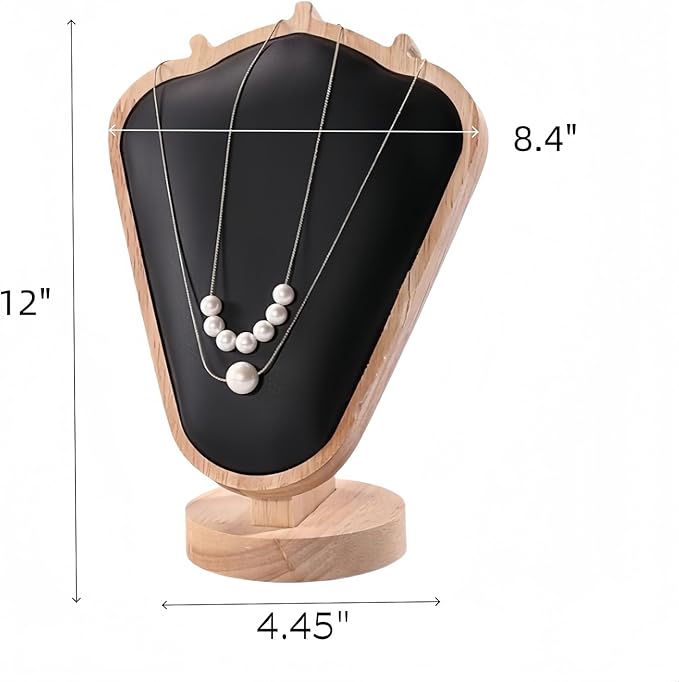 Natural Body Wood Necklace Display Stand with Black Leather Soft Mat Necklace Holder Organizer Desktop Stand for Home Store Dresser-4.45"x8.4"x12"