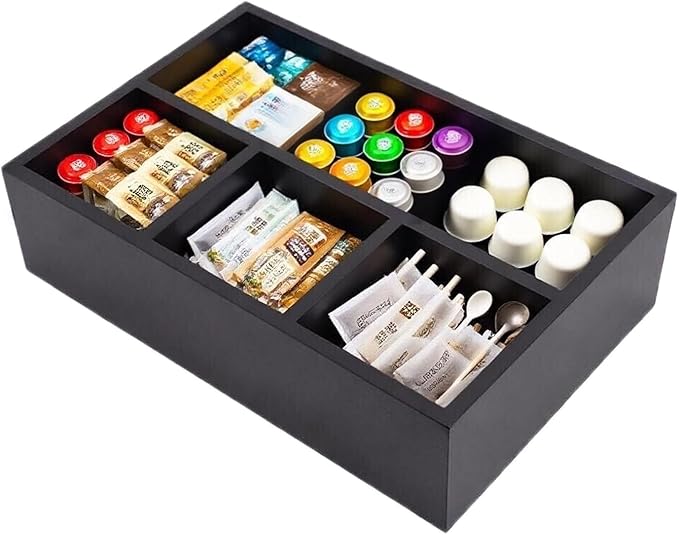 Tea Bag Organizer Wood Black, 4 Compartments Tea Bag Holder, Large Capacity Sugar Packet and Coffee Station Organizer, Tea Bags Caddy Drawer Storage Container for Countertop