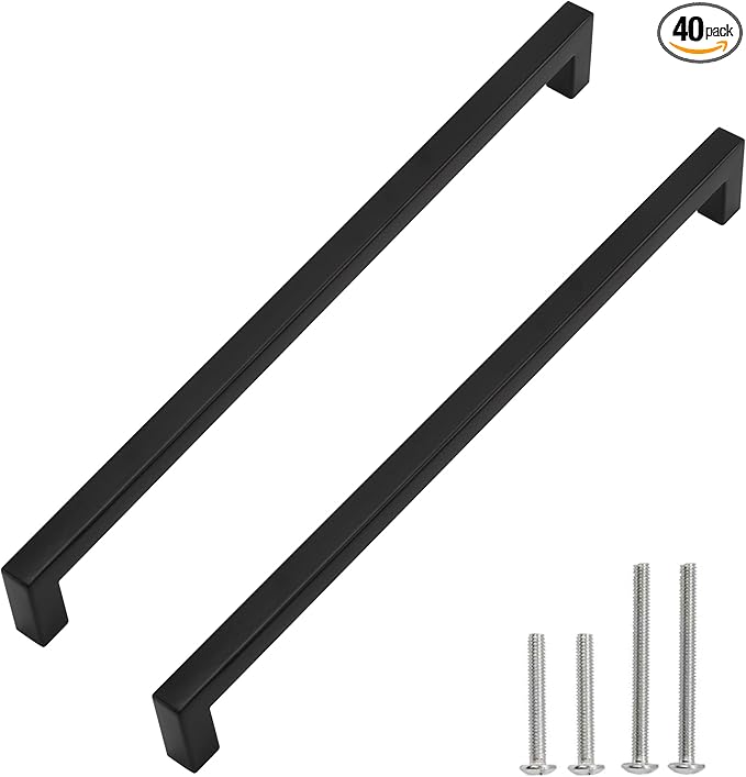 Cabinet Pulls Matte Black Cabinet Handles Square Drawer Pulls, 40 Pack 12-3/5 Inch Stainless Steel Kitchen Door Cupboard Cabinet Handles, Drawer Hardware Handles, 320mm Hole Centers