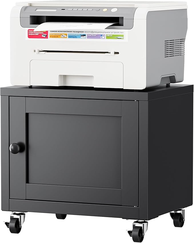 Small Printer Stand with Storage, Home Office Printer Table for Small Spaces, Under-Desk 3D Printer Stand with Wheels, for Office Copier and Fax Machine, Black
