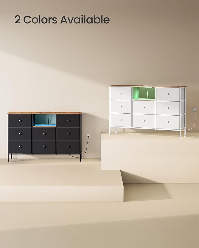 SONGMICS Dresser for Bedroom, Fabric Dresser with Power Outlets and LED Lights, TV Stand for up to 60 Inch TVs, 25 Colors, 11.8 x 47.2 x 31.3 Inches, Ink Black and Rustic Brown ULTS518B01